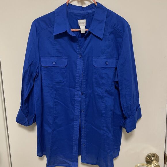 Chico’s Women’s Blouses Size 1 Med. Pullover Knit 3/4 Sleeve Blue Button Up Lot - Picture 7 of 12